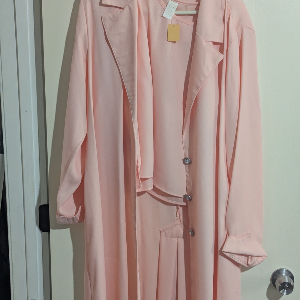 Elegant Pink Long Coat Shirt And Pants Set